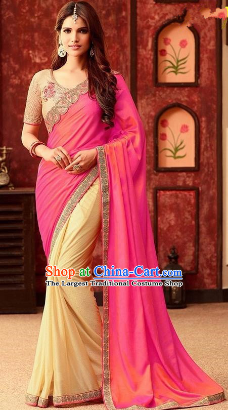 Indian Traditional Court Rosy Sari Dress Asian India Princess Bollywood Embroidered Costume for Women