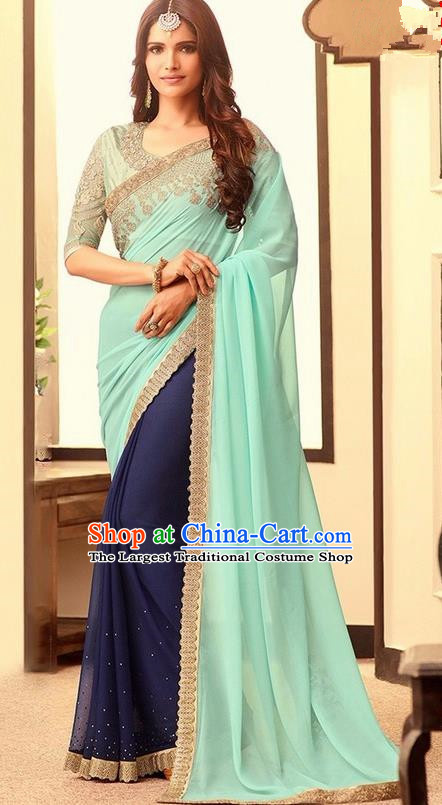 Indian Traditional Court Light Green Sari Dress Asian India Princess Bollywood Embroidered Costume for Women