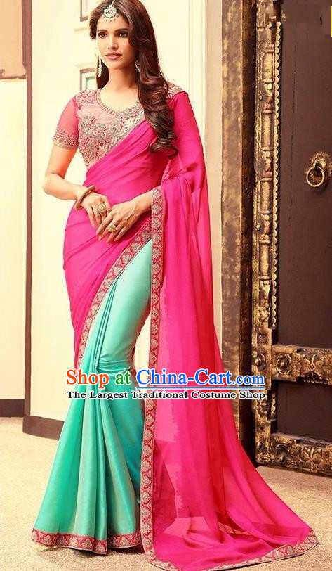 Indian Traditional Court Rosy Veil Sari Dress Asian India Princess Bollywood Embroidered Costume for Women