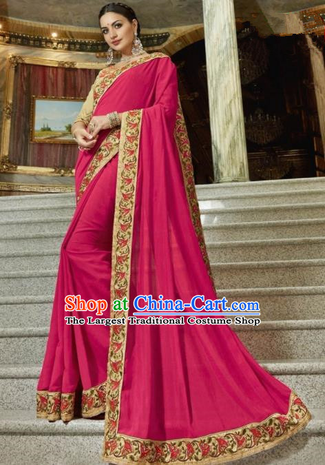 Indian Traditional Court Queen Rosy Sari Dress Asian India Bollywood Embroidered Costume for Women