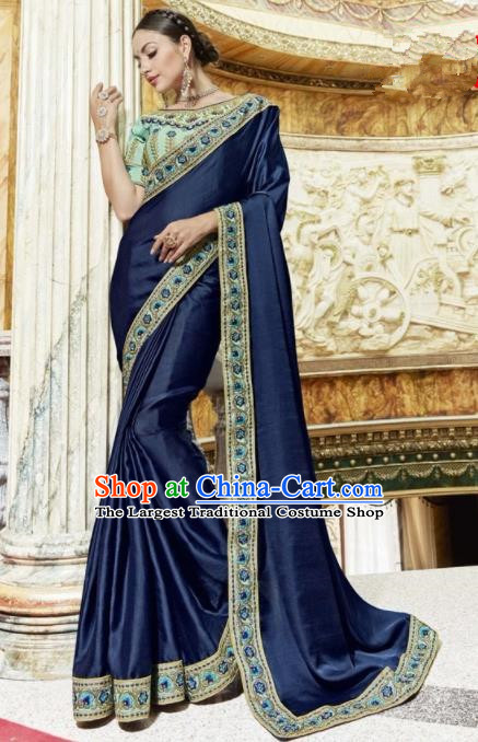 Indian Traditional Court Queen Navy Sari Dress Asian India Bollywood Embroidered Costume for Women