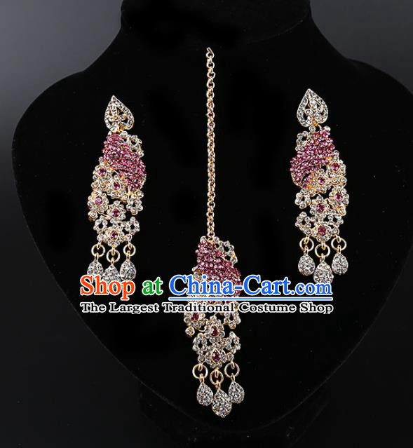 Asian India Traditional Wedding Jewelry Accessories Indian Bollywood Purple Crystal Earrings and Eyebrows Pendant for Women