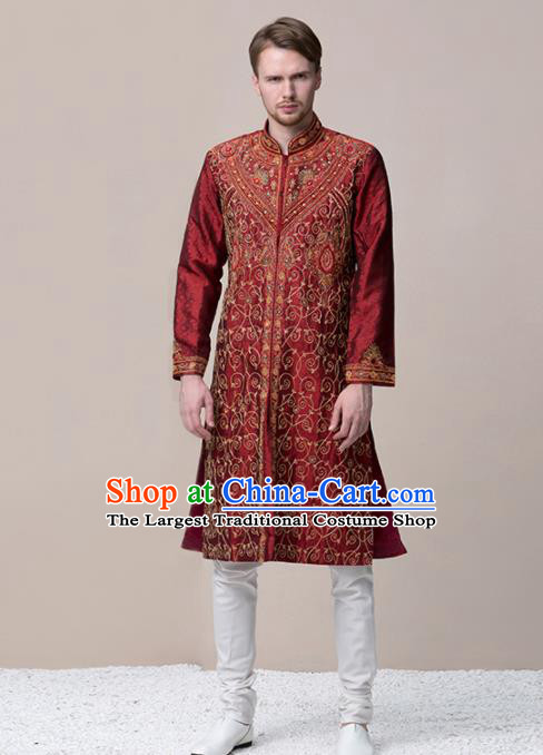 South Asian India Traditional Wedding Costume Asia Indian National Bridegroom Purplish Red Suits for Men