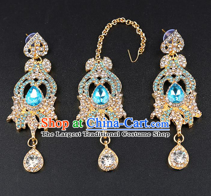 Indian Traditional Wedding Blue Crystal Earrings and Eyebrows Pendant India Bollywood Court Princess Jewelry Accessories for Women