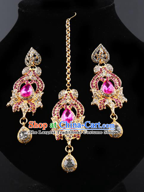 Indian Traditional Wedding Pink Crystal Earrings and Eyebrows Pendant India Bollywood Court Princess Jewelry Accessories for Women