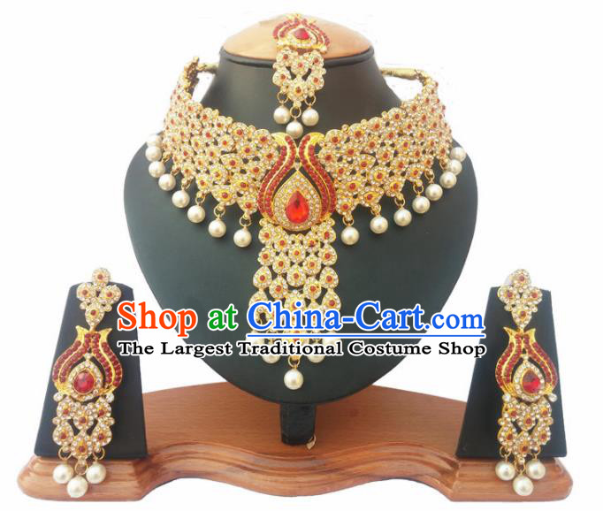 Asian India Traditional Red Crystal Jewelry Accessories Indian Bollywood Necklace Earrings and Headwear for Women