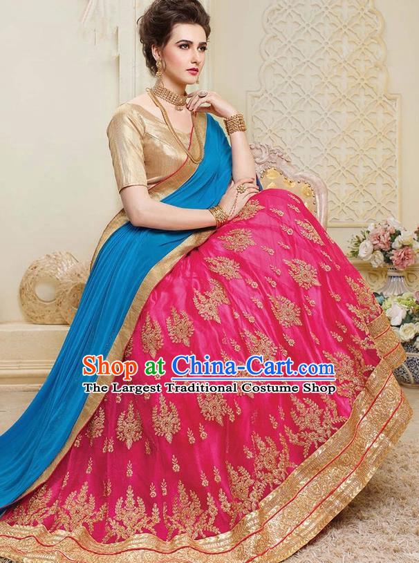 Asian India Traditional Bride Embroidered Rosy Sari Dress Indian Bollywood Court Queen Costume for Women