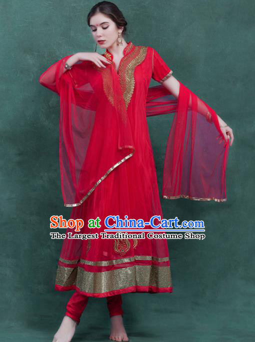 South Asian India Traditional Rosy Veil Dress Costume Asia Indian National Punjabi Suit for Women