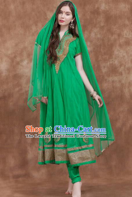 South Asian India Traditional Green Veil Dress Costume Asia Indian National Punjabi Suit for Women