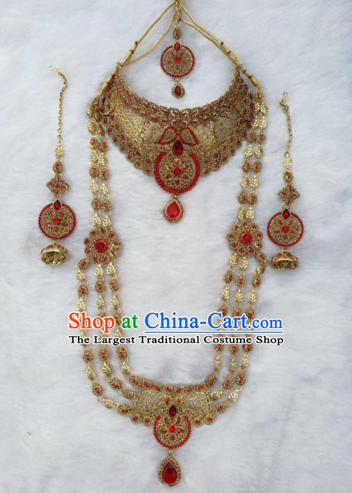 South Asian India Traditional Red Crystal Jewelry Accessories Indian Bollywood Necklace Earrings Hair Clasp for Women