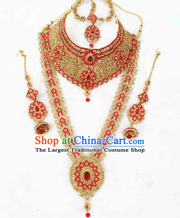 South Asian India Traditional Jewelry Accessories Indian Bollywood Red Crystal Necklace Earrings Hair Clasp for Women