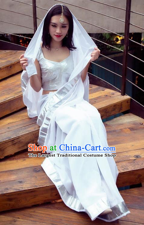 Indian Traditional Royal Princess White Sari Dress Asian India Bollywood Embroidered Costume for Women