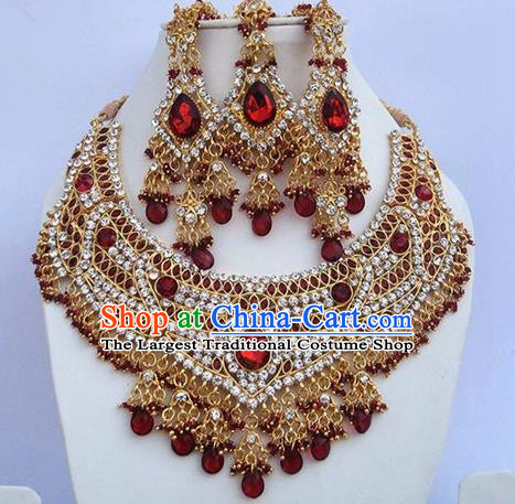 Indian Traditional Bollywood Red Crystal Tassel Necklace Earrings and Eyebrows Pendant India Princess Jewelry Accessories for Women