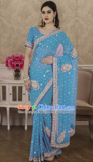 Indian Traditional Bollywood Blue Veil Sari Dress Asian India Royal Princess Embroidered Costume for Women