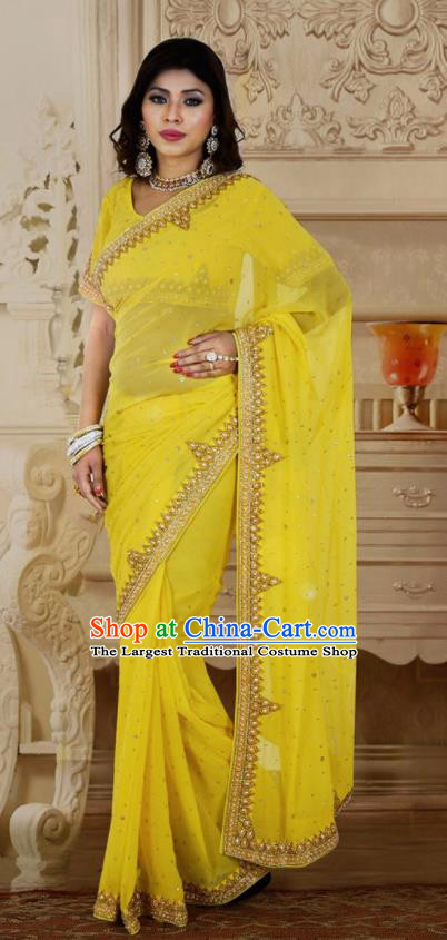 Indian Traditional Court Yellow Sari Dress Asian India Bollywood Royal Princess Costume for Women