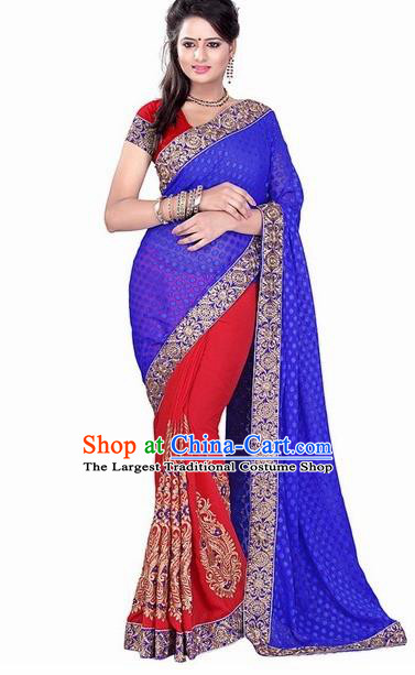 Indian Traditional Wedding Bride Royalblue Sari Dress Asian India Bollywood Costume for Women