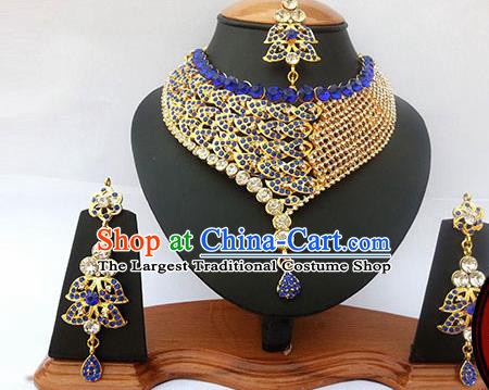 Traditional Indian Jewelry Accessories Bollywood Princess Blue Crystal Necklace Earrings and Eyebrows Pendant for Women