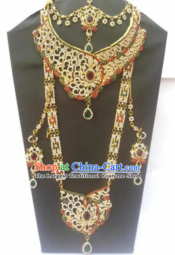 Traditional Indian Jewelry Accessories Bollywood Princess Crystal Necklace Earrings and Hair Clasp for Women