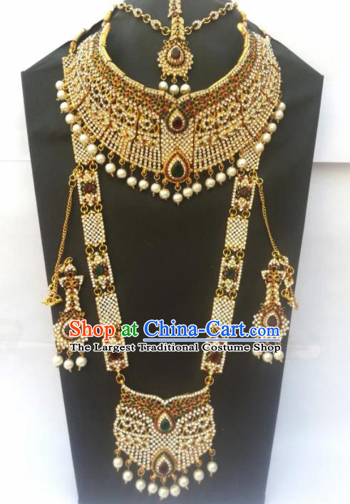 Traditional Indian Golden Jewelry Accessories Bollywood Princess Crystal Necklace Earrings and Hair Clasp for Women