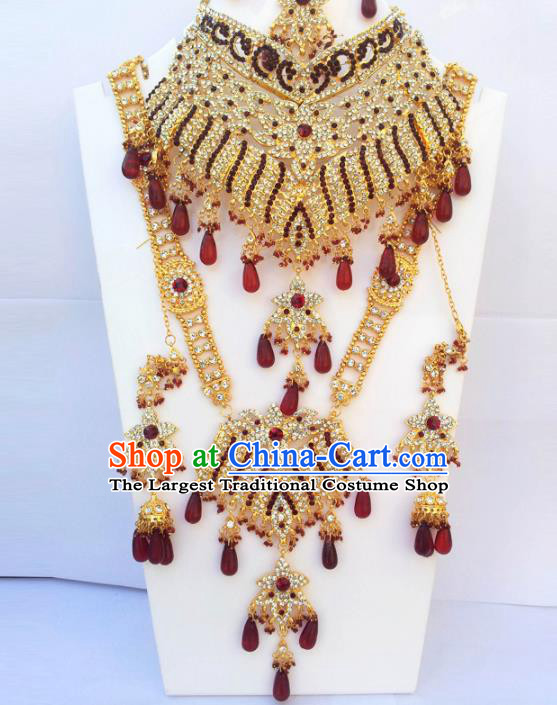 Traditional Indian Wedding Jewelry Accessories Bollywood Court Princess Red Beads Necklace Earrings and Hair Clasp for Women