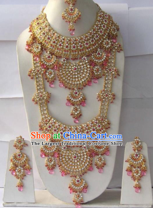 Traditional Indian Wedding Jewelry Accessories Bollywood Pink Beads Necklace Earrings and Hair Clasp for Women