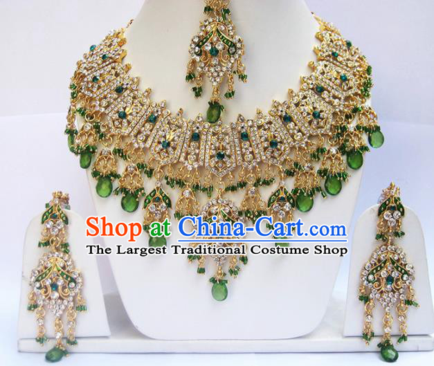 Traditional Indian Wedding Green Beads Accessories Bollywood Princess Necklace Earrings and Hair Clasp for Women