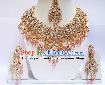 Traditional Indian Wedding Pink Beads Accessories Bollywood Princess Necklace Earrings and Hair Clasp for Women