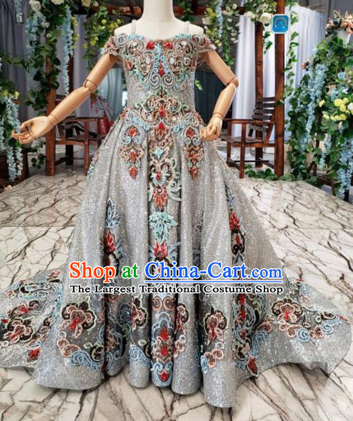 Top Grade Customize Embroidered Grey Full Dress Court Princess Waltz Dance Costume for Women