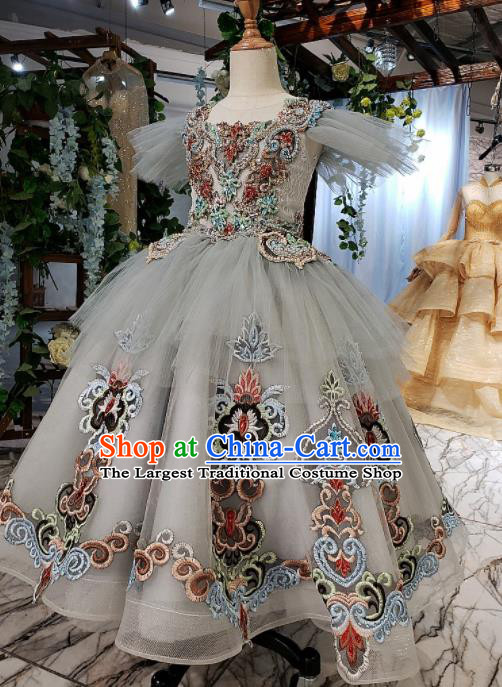 Top Grade Customize Embroidered Grey Veil Full Dress Court Princess Waltz Dance Costume for Women