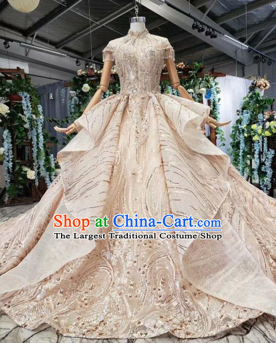 Top Grade Customize Bride Champagne Lace Trailing Full Dress Court Princess Wedding Costume for Women