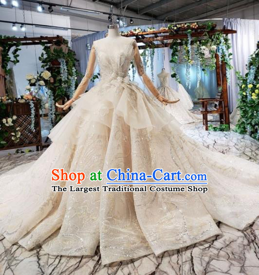 Top Grade Customize Bride Beige Veil Trailing Full Dress Court Princess Wedding Costume for Women