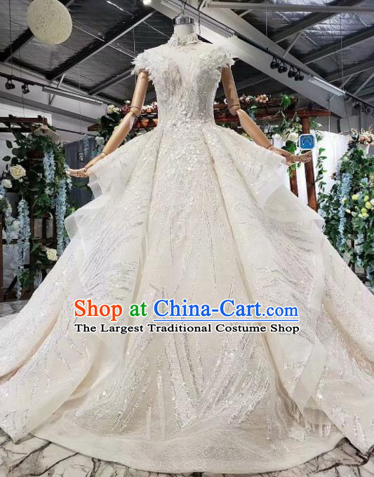 Top Grade Customize Bride White Sequins Trailing Full Dress Court Princess Wedding Costume for Women