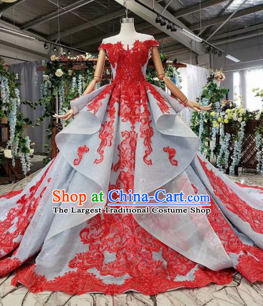 Top Grade Customize Embroidered Red Lace Trailing Full Dress Court Princess Waltz Dance Costume for Women