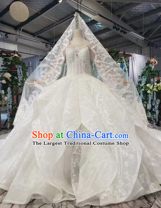 Top Grade Customize Bride Embroidered White Veil Trailing Full Dress Court Princess Wedding Costume for Women