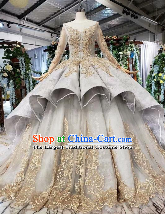 Top Grade Customize Embroidered Grey Trailing Full Dress Court Princess Waltz Dance Costume for Women