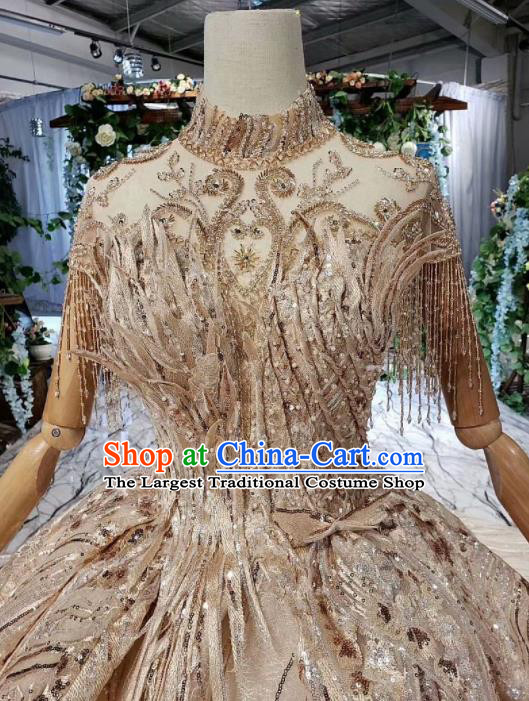 Top Grade Customize Bride Embroidered Champagne Veil Trailing Full Dress Court Princess Wedding Costume for Women