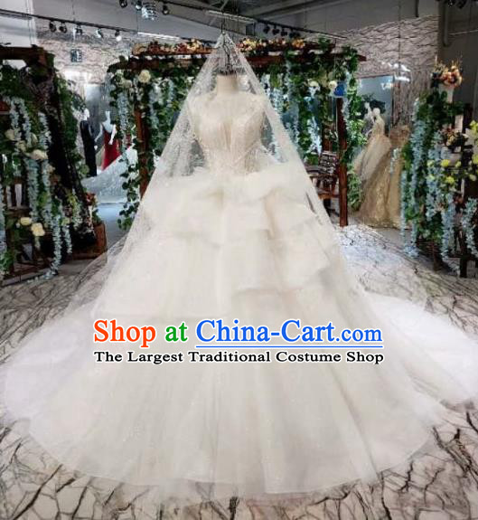 Top Grade Customize Bride White Veil Trailing Full Dress Court Princess Wedding Costume for Women