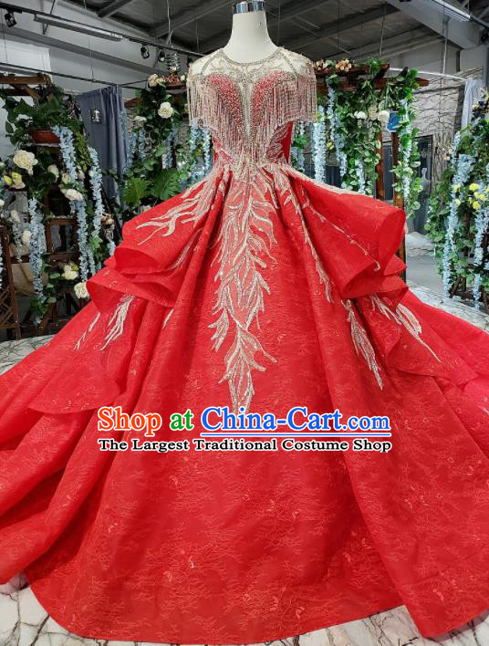 Top Grade Customize Embroidered Red Trailing Full Dress Court Princess Waltz Dance Costume for Women