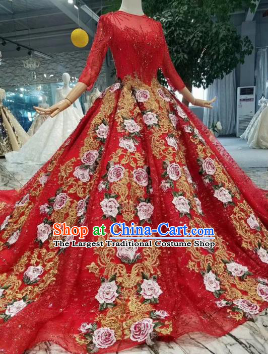 Chinese Customize Court Embroidered Roses Red Veil Trailing Wedding Dress Top Grade Bride Costume for Women