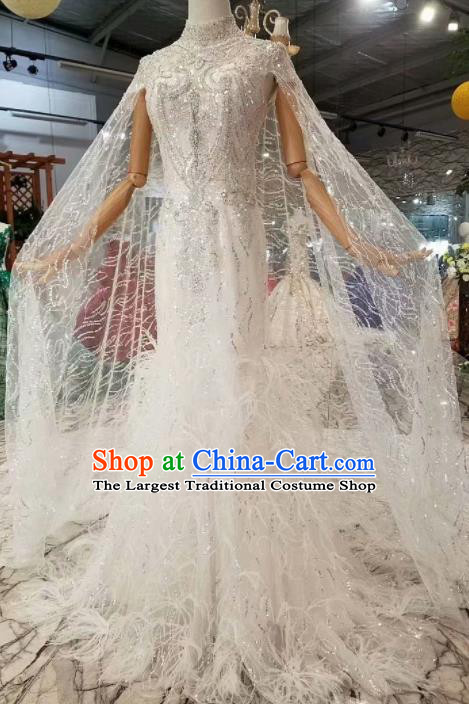 Customize Handmade Princess White feather Fishtail Dress Wedding Court Bride Costume for Women