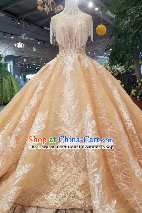 Customize Handmade Princess Champagne Trailing Dress Wedding Court Bride Costume for Women