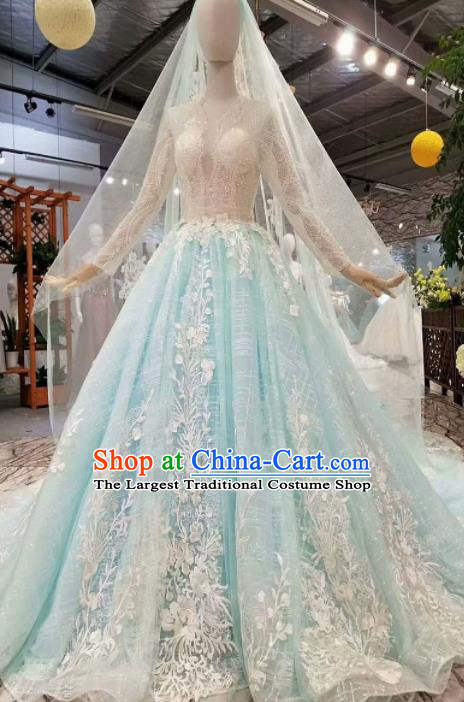 Top Grade Customize Catwalks Blue Veil Trailing Full Dress Court Princess Waltz Dance Costume for Women