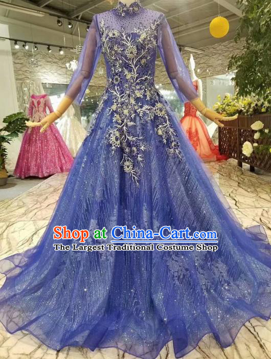 Top Grade Customize Modern Fancywork Blue Veil Full Dress Court Princess Waltz Dance Costume for Women