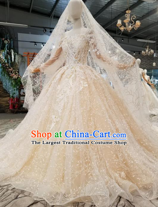 Customize Handmade Princess Champagne Veil Trailing Dress Wedding Court Bride Costume for Women