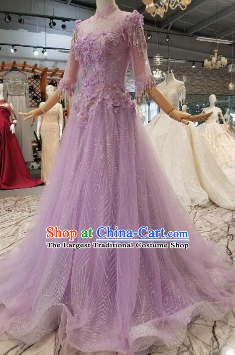 Top Grade Customize Modern Fancywork Purple Veil Full Dress Court Princess Waltz Dance Costume for Women