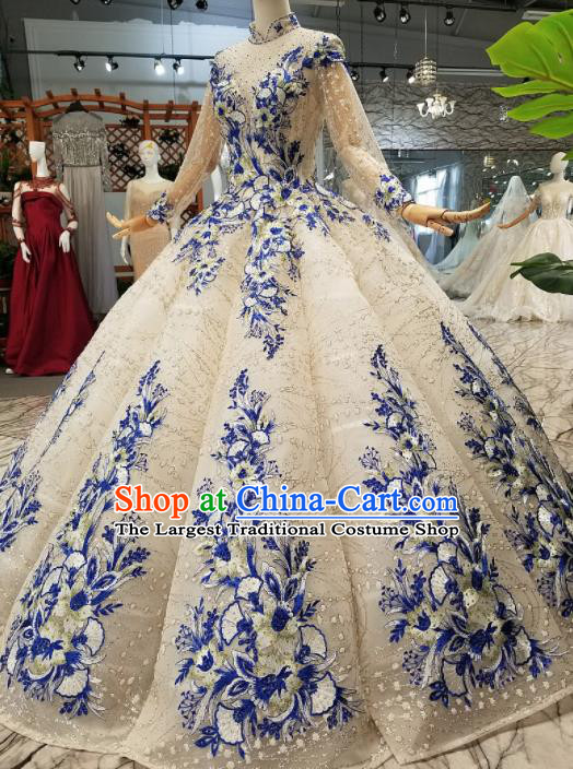 Customize Handmade Princess Embroidered Blue Flowers Trailing Dress Wedding Court Bride Costume for Women