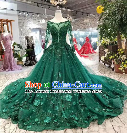 Top Grade Customize Embroidered Green Veil Trailing Full Dress Court Princess Waltz Dance Costume for Women