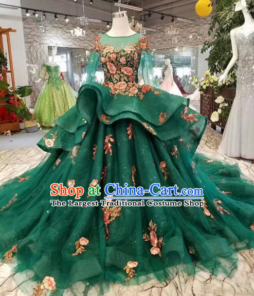 Top Grade Customize Embroidered Peony Green Trailing Full Dress Court Princess Waltz Dance Costume for Women