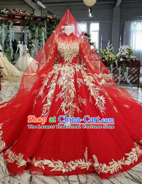 Chinese Customize Embroidered Red Trailing Wedding Dress Top Grade Court Bride Costume for Women