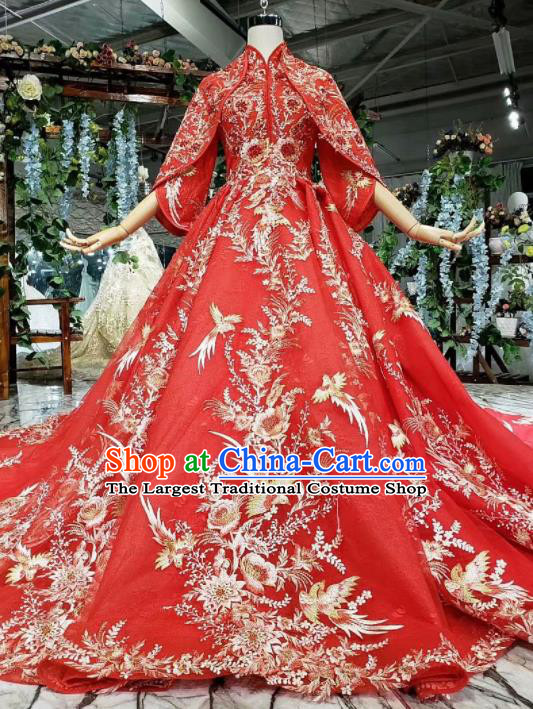 Chinese Customize Embroidered Court Red Trailing Wedding Dress Top Grade Bride Costume for Women